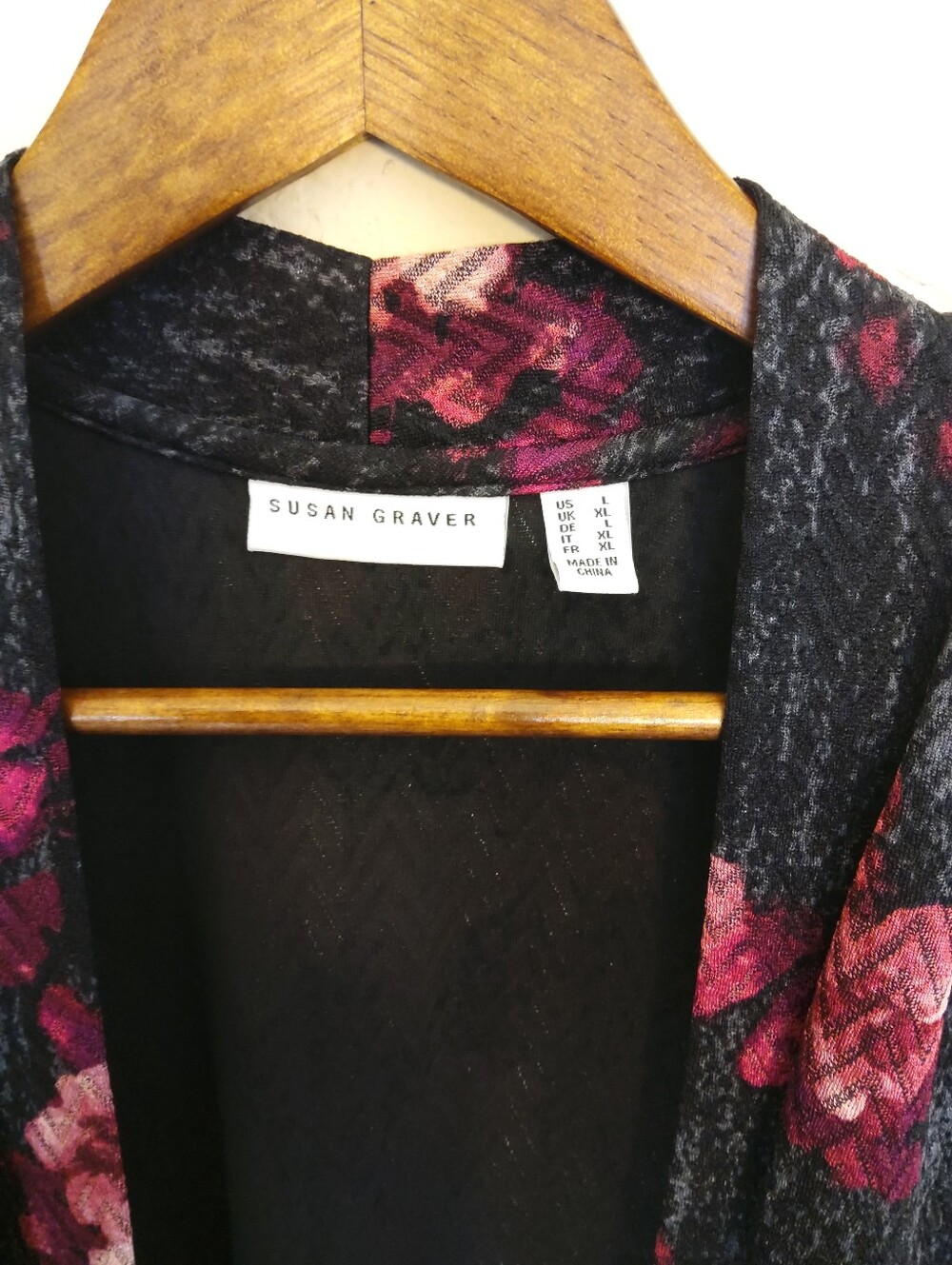 Susan Graver Liquid Knit Open Front Cardigan Womens Large Black Pink Floral - Picture 7 of 7